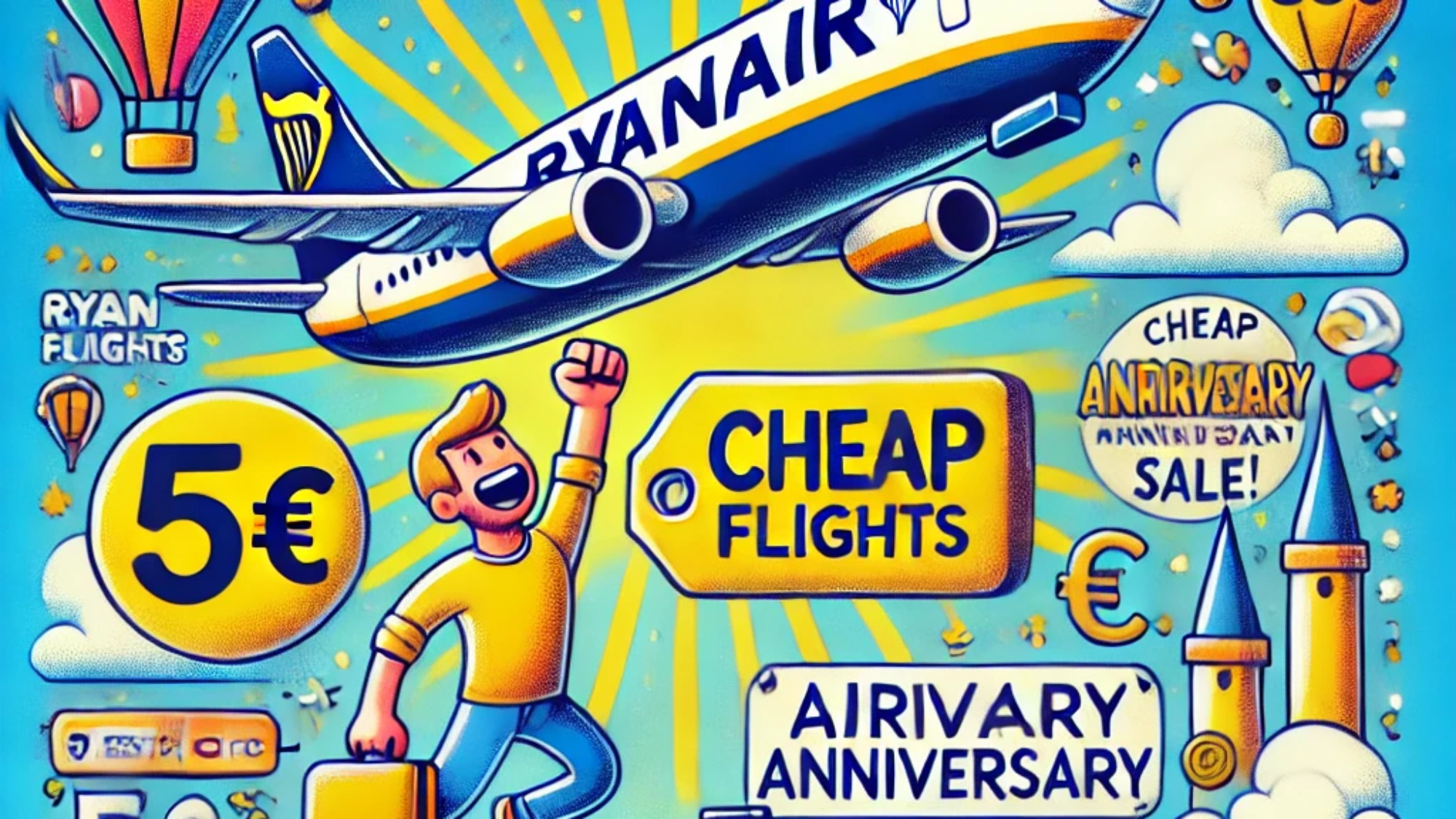DALL·E 2025-02-17 16.00.55 - A colorful, creative illustration representing cheap Ryanair flights. The image includes a Ryanair airplane soaring through the sky, with a single pri