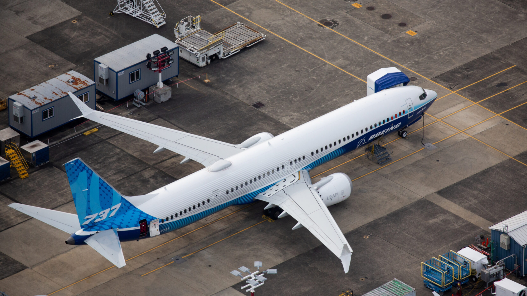FILE PHOTO: An aerial view of a Boeing 737 MAX 10 airplane parked at King County International Airport-Boeing Field in Seattle, Washington, U.S, June 1, 2022. REUTERS/Lindsey Wasson