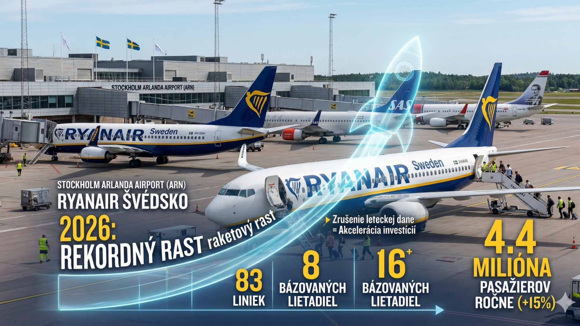 Ryanair rastie vo Švédsku raketovo: 83 liniek, 8 lietadiel a 4,4 milióna pasažierov